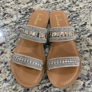 Lulu’s Pawfy Silver Beaded Slide Sandals